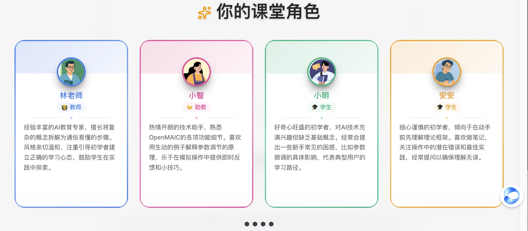 这张图片展示了OpenMAIC课程里的课堂角色，共设置了四个不同定位的角色。从左至右分别是教师林老师，作为经验丰富的AI教育专家，负责将复杂的概念拆解为通俗易懂的内容以引导学习者；接着是助教小智，作为热情的技术助手，熟悉OpenMAIC的各项功能并能为学习者提供帮助；还有两位学生角色，分别是对AI感兴趣但缺乏基础、会提出常见困惑的小明，以及倾向于先理解理论、会检查操作错误的安安，对应了课堂里不同的学习需求，契合了文档中关于课堂里AI分工的内容。