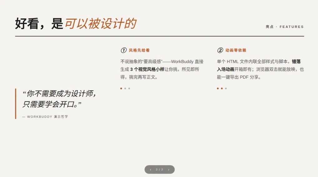 这张图是workbuddy制作美观PPT的相关演示内容，对应文档中Frontend Slides的技能实战效果展示。图中上方标题为“好看，是可以被设计的”，并标注“亮点·FEATURES”；左侧引用“你不需要成为设计师，只需要学会开口。”，标注为WORKBUDDY演示哲学。右侧介绍了两个核心特点，一是风格先检准，WorkBuddy可直接生成3个视觉风格小样；二是动画零依赖，单个HTML文件内联样式与脚本，浏览器可播放还能一键导出PDF分享。