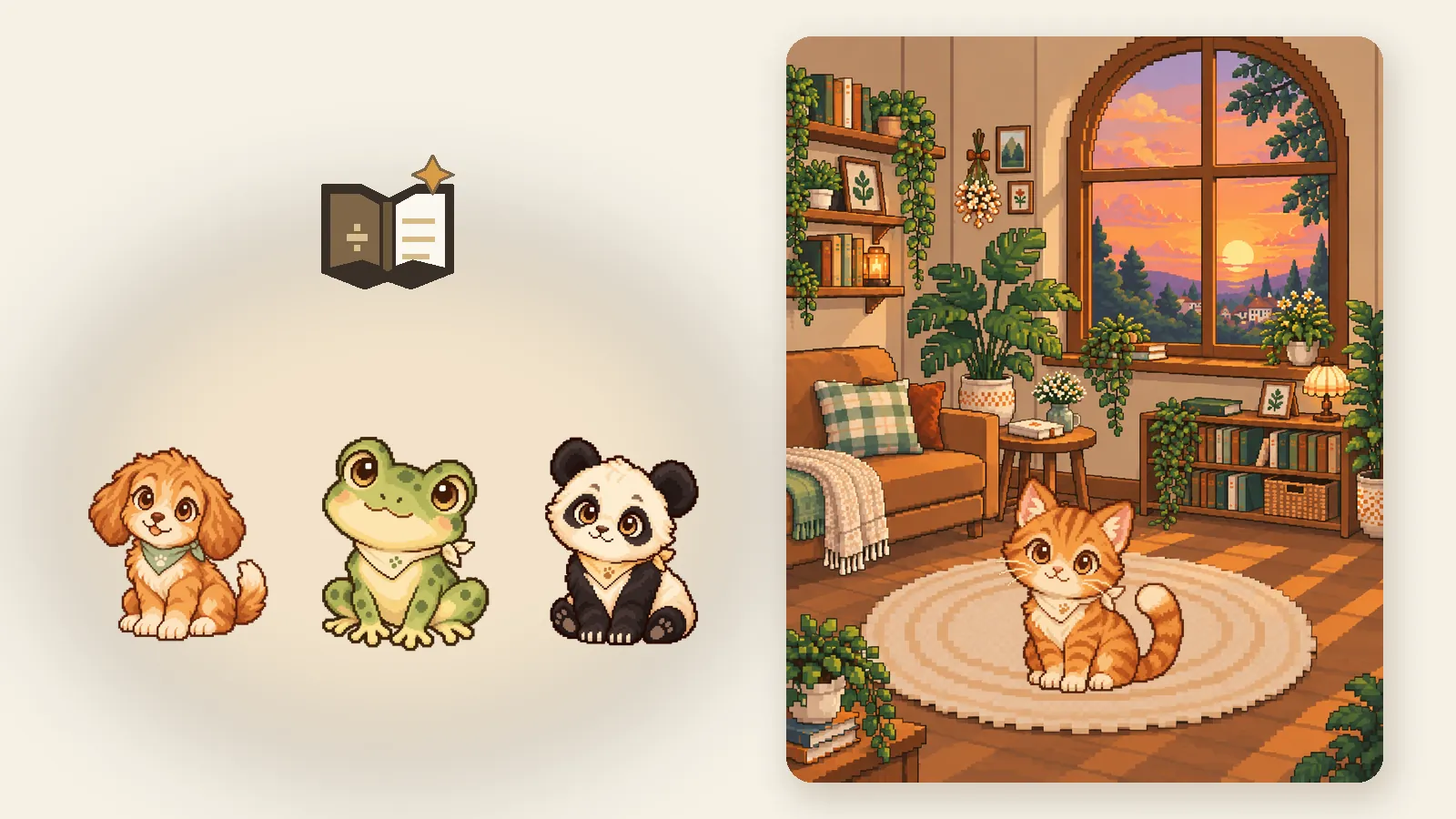 闪光日记本概念封面:夕阳下的暖色像素小屋,地毯上坐着橘猫,旁边是小狗、青蛙、熊猫三位伙伴和日记本标志(项目美术素材拼合,非运行截图)