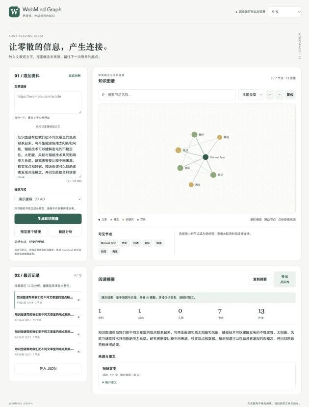 WebMind Graph 桌面端:左侧添加资料与最近记录,右侧为知识图谱、可见节点和阅读摘要(演示提取模式)